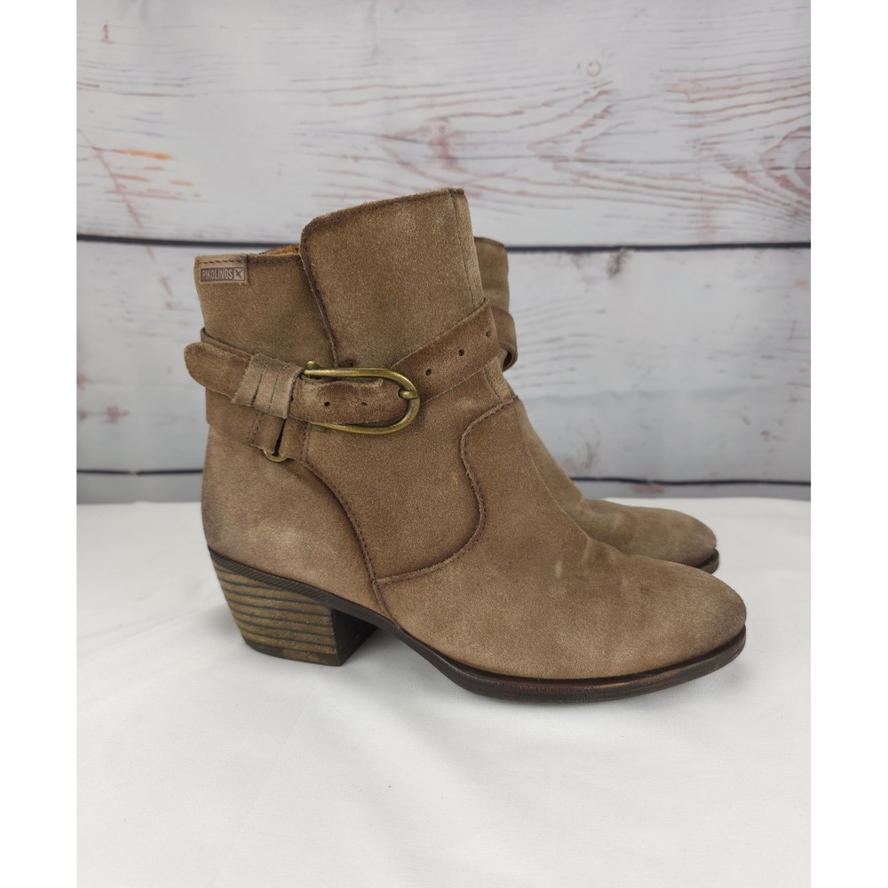 Pikolinos Womens Tan Stone Suede Ankle Boots Buckle Zip Side Block Heel Size 36 - Picture 3 of 11